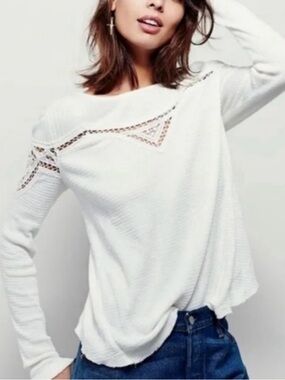 Free People Day Dreamer Thermal Shirt Lace Cut Out in White